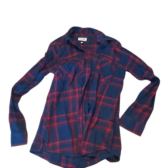 Express Navy and Red Boyfriend Plaid Shirt - Picture 4 of 8
